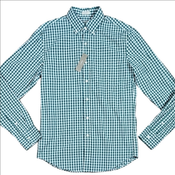 NWT J. Crew Green White Gingham Check Secret Wash Long Sleeve Button Down Shirt - Picture 2 of 16